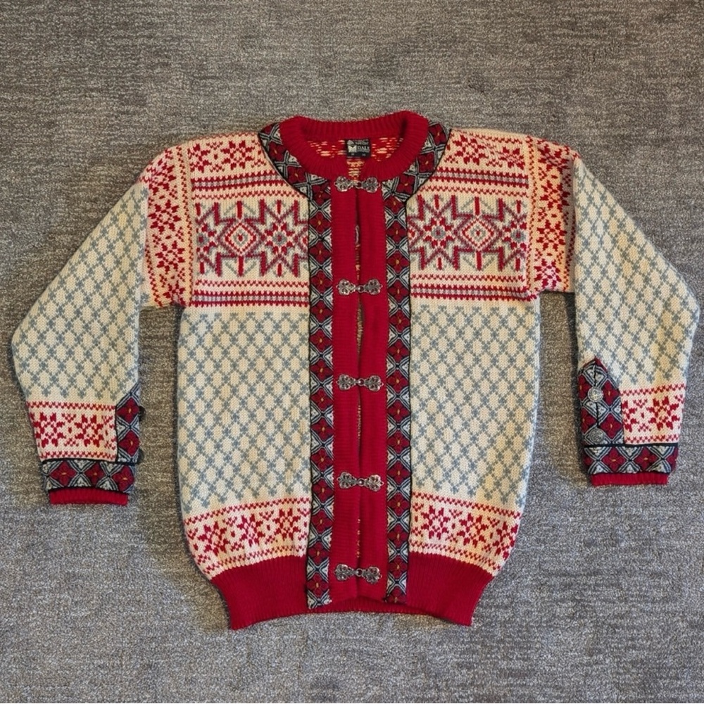Dale Of Norway Vintage Red and White Patterned Wool Cardigan Sweater XS/38 - Picture 3 of 8